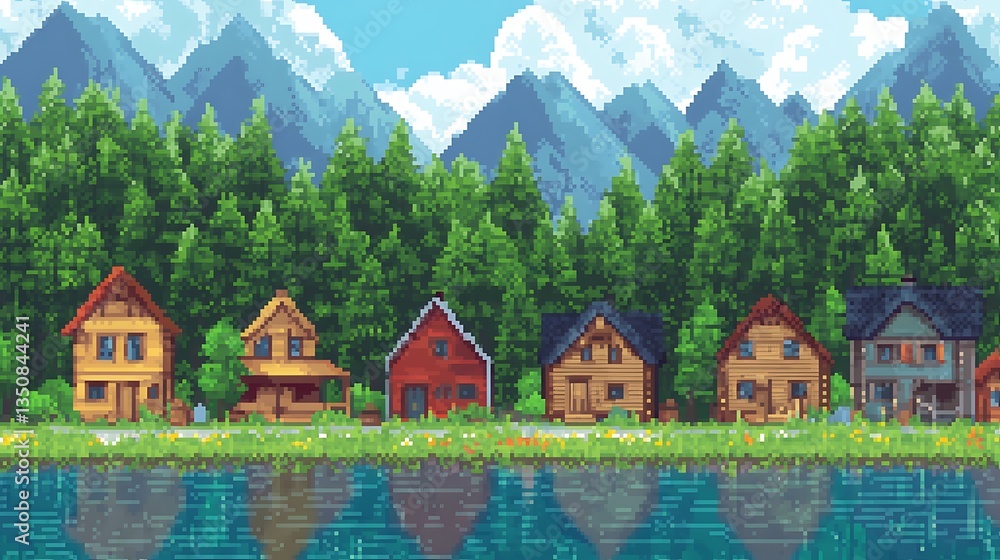 Naklejka premium Mountain Village Lakeside Scene.