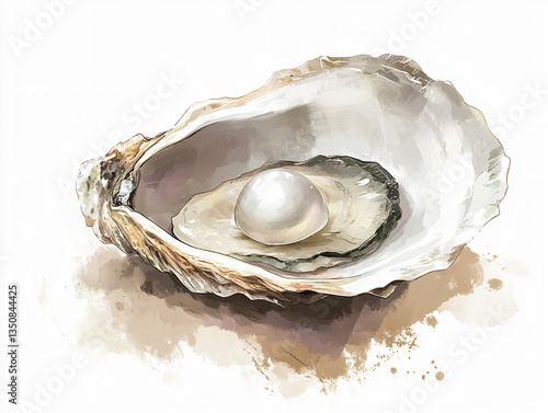 Hand drawn oyster shell clipart illustration open shell with pearl watercolor seafood element marine mollusk realistic detail natural treasure isolated white background shiny jewel soft glow sea round