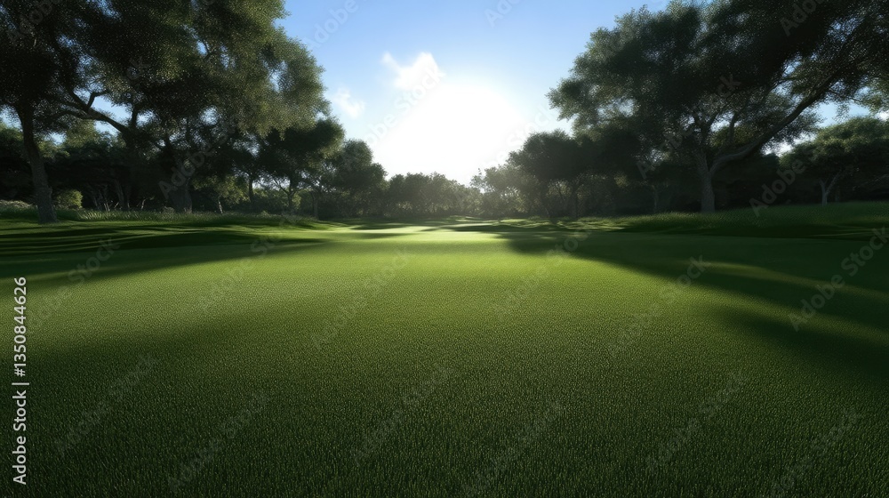 Lush green golf fairway bathed in sunlight, bordered by trees Lush green golf fairway bathed in sunlight, bordered by trees