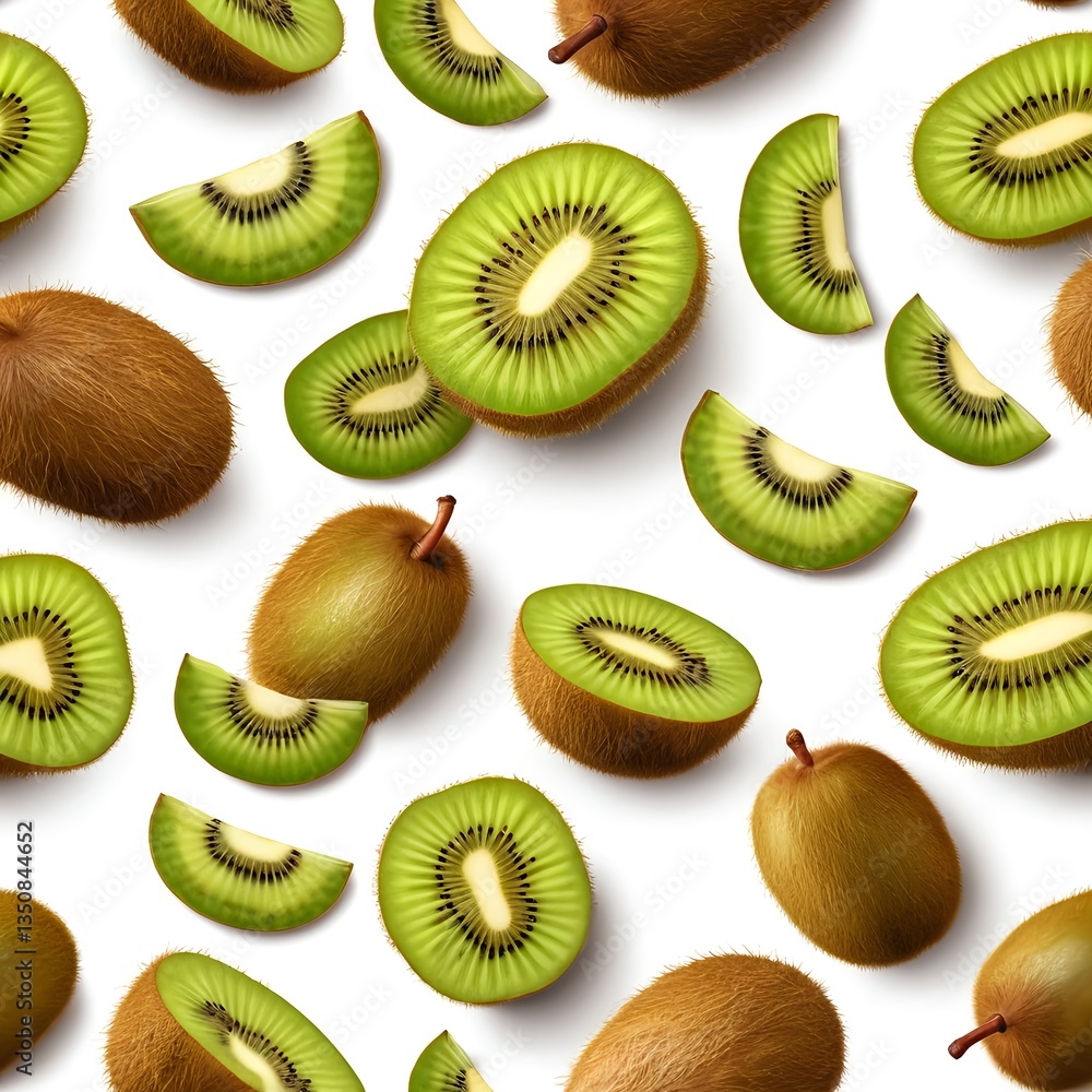 Fototapeta premium Fresh Kiwifruit Slices and Whole Fruit Seamless Pattern