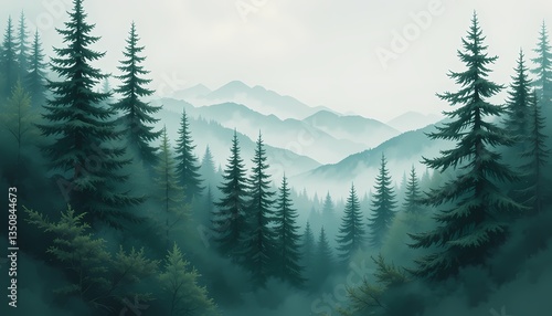 Misty Mountain Forest Landscape, Serene mountain view through misty forest. Peaceful nature scene.