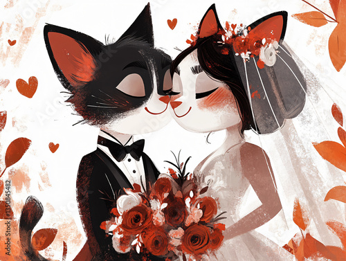 Adorable cartoon wedding cat couple cute illustration bride groom bouquet hearts animal romantic marriage character drawing sweet feline art happy relationship charming background pet joy fun veil