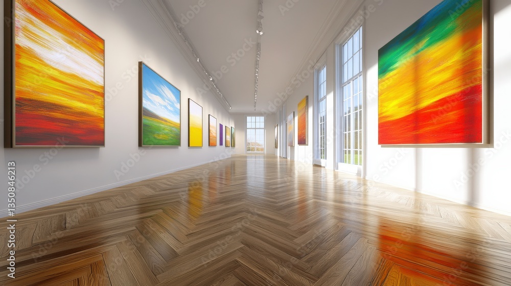 Fototapeta premium Colorful Artworks Displayed in Modern Gallery Space