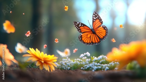 A Monarch butterfly soars amongst colorful flowers in a sun-drenched forest glade