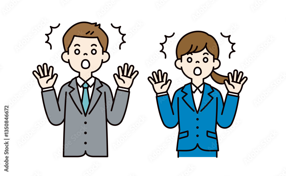 両手を広げてビックリする、男女の会社員のシンプルなベクターイラスト素材_カラー 両手を広げてビックリする、男女の会社員のシンプルなベクターイラスト素材_カラー
