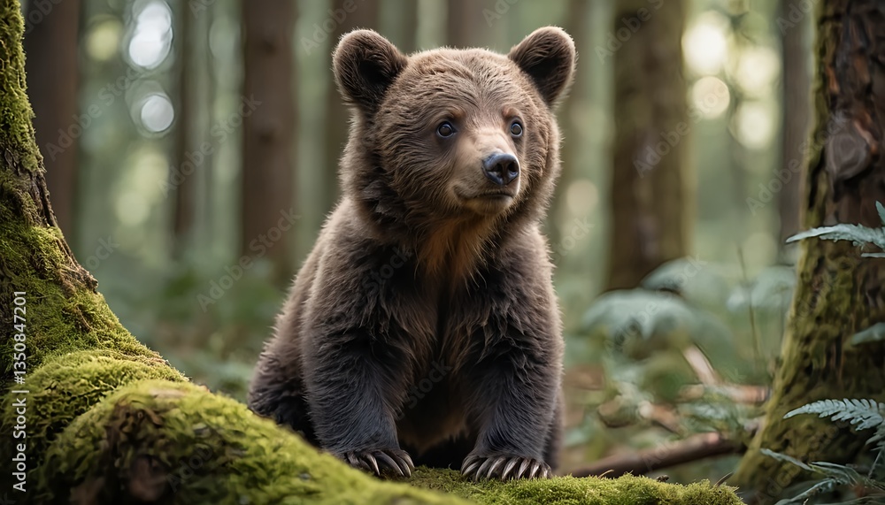 Obraz premium Adorable Brown Bear Cub in Forest