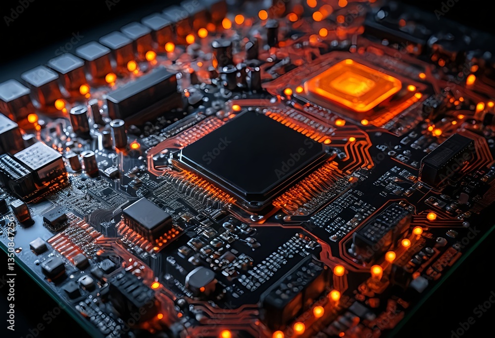 Illuminated Computer Motherboard Close-Up Illuminated Computer Motherboard Close-Up