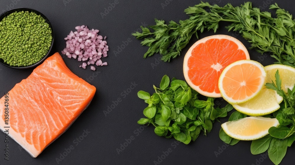 Fresh, healthy foods arranged on a dark surface. A salmon fillet sits beside various vibrant fruits and herbs Fresh, healthy foods arranged on a dark surface. A salmon fillet sits beside various vibrant fruits and herbs