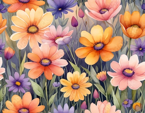 Wallpaper Mural Watercolor Floral Seamless Pattern Vibrant Garden Blooms Torontodigital.ca