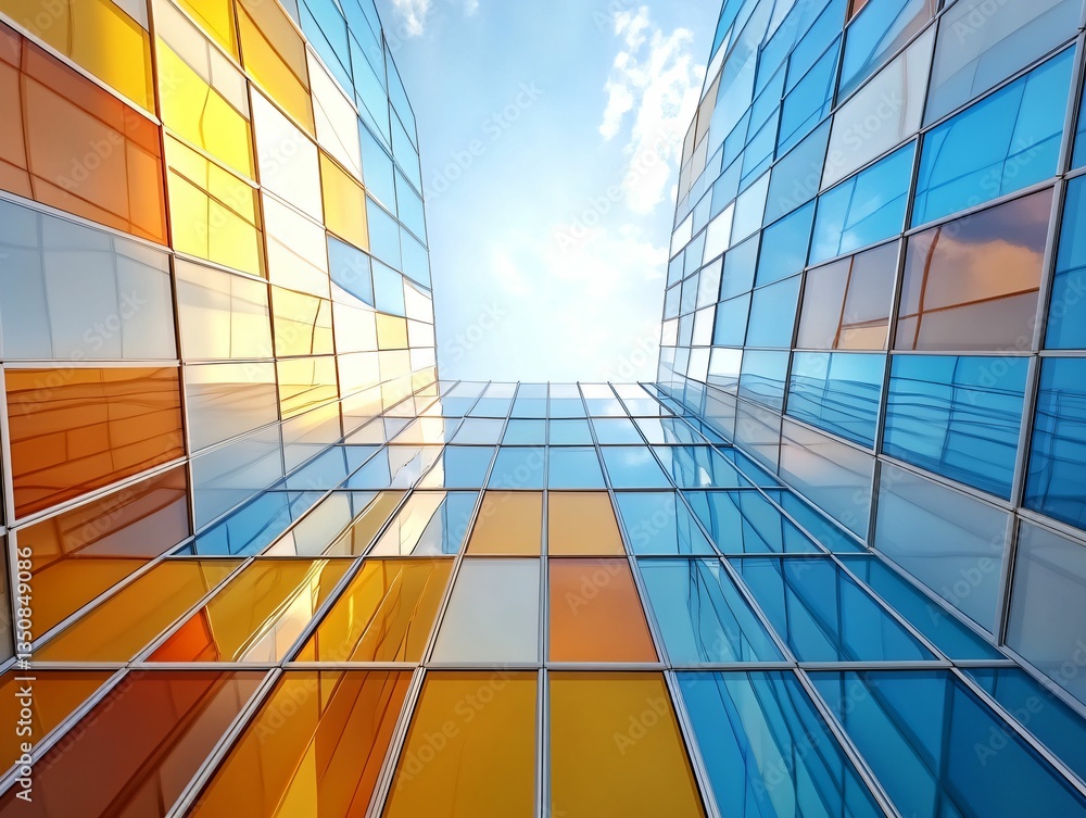 Fototapeta premium Modern Architectural Glass Facade with Abstract Colorful Reflection
