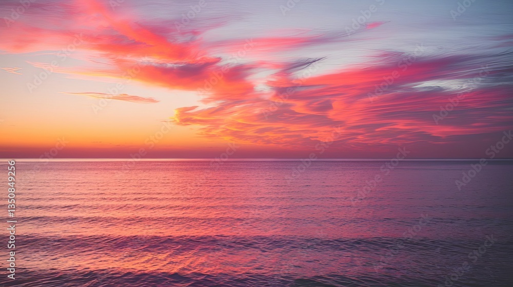 Obraz premium Stunning twilight view of a serene ocean, painted with vivid pink and orange clouds reflecting on the water's surface.