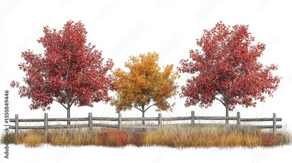 Fototapeta premium Rustic Autumn Trees with Wooden Fence on White Background