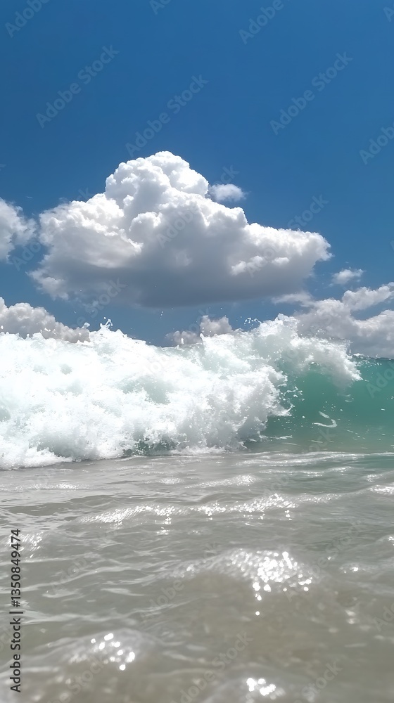 Fototapeta premium Stunning Ocean Wave Crashing Under Blue Sky with Fluffy Clouds