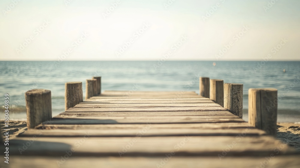 Fototapeta premium Wooden pier extending into calm waters, bathed in natural light, evoking tranquility and timeless serenity. 