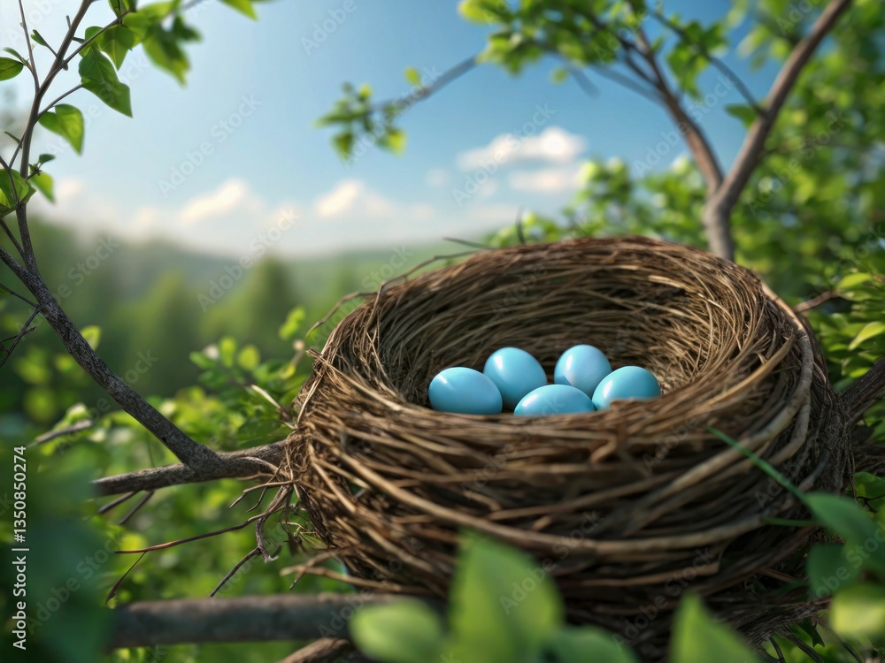 Obraz premium benefits of nature's hidden gems a nest of blue eggs forest photography sunny environment close-up concept