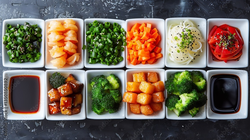Japanese tempura vegetables dipping sauce arranged in row on white ceramic Japanese tempura vegetables dipping sauce arranged in row on white ceramic