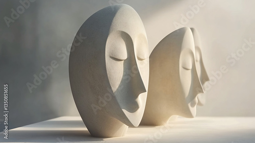 Two elegant white sculptures beautifully arranged on a table illuminated by bright light emphasizing abstract artistic styles.