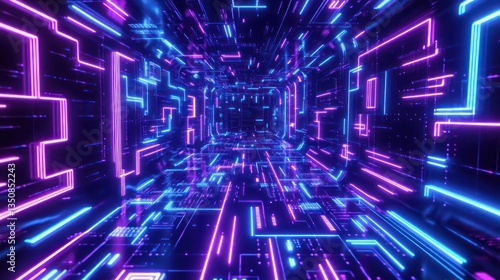 Neon tunnel, digital space, futuristic travel, glowing lines, abstract background