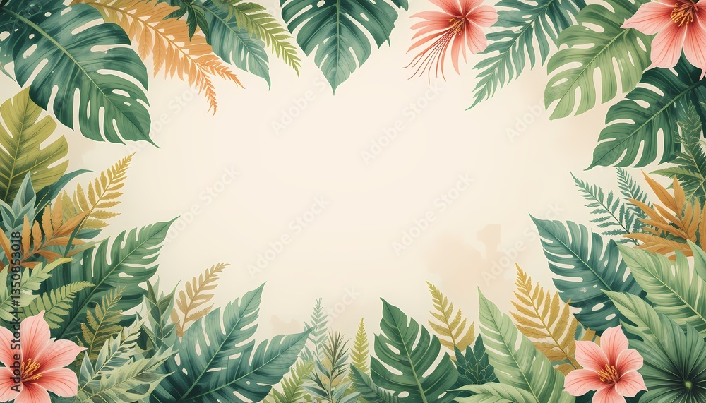 Tropical Floral Frame Background, Elegant tropical leaves and flowers frame. Summer, nature, vacation design. Tropical Floral Frame Background, Elegant tropical leaves and flowers frame. Summer, nature, vacation design.