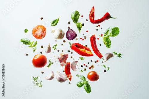 Various fresh ingredients floating in the air against a bright background