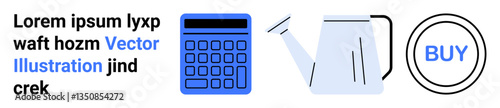 Calculator, watering can, and a round buy button with sample text. Ideal for education, finance, gardening, e-commerce, marketing, online shopping technology and simple landing page