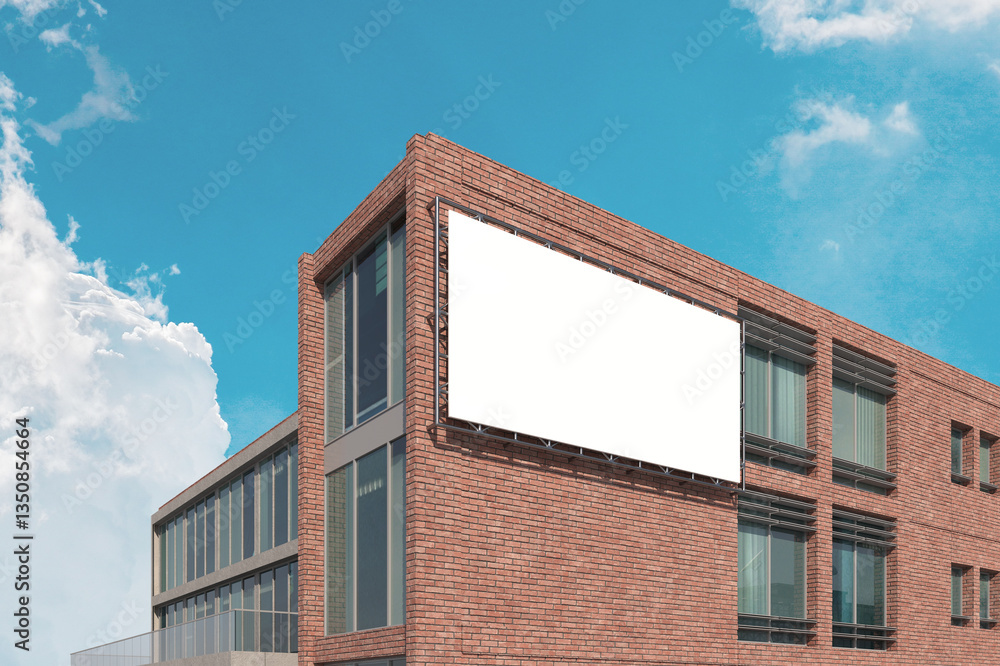 Blank billboard mounted on a brick building, perfect for showcasing advertisements,mockup, announcements, promotions, or directions in an urban setting. Blank billboard mounted on a brick building, perfect for showcasing advertisements,mockup, announcements, promotions, or directions in an urban setting.