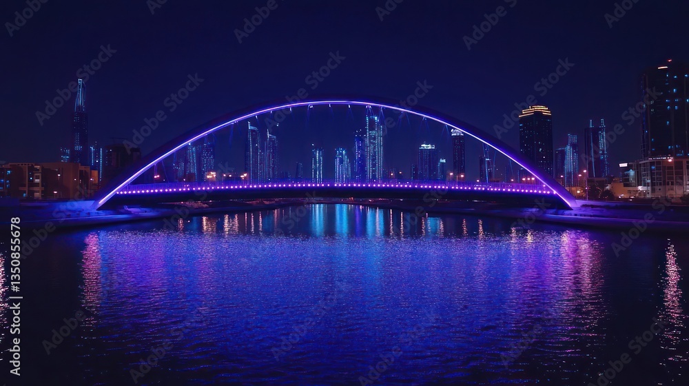 Night cityscape, illuminated bridge, canal reflection, urban backdrop Night cityscape, illuminated bridge, canal reflection, urban backdrop