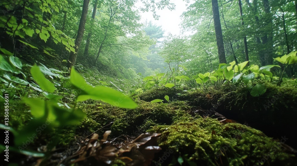 Obraz premium Lush forest floor with emerging green leaves