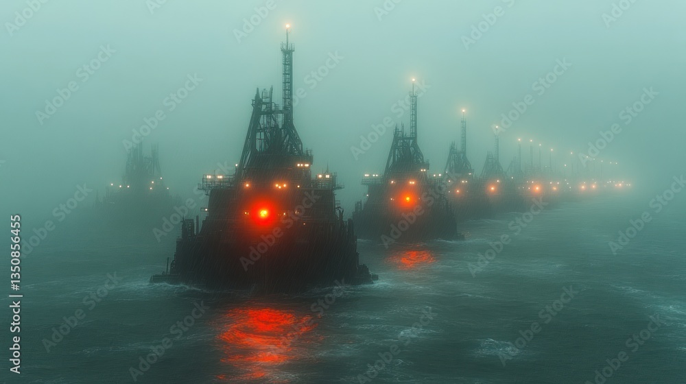 Obraz premium Mysterious Foggy Seascape: A Line of Illuminated Vessels in the Mist