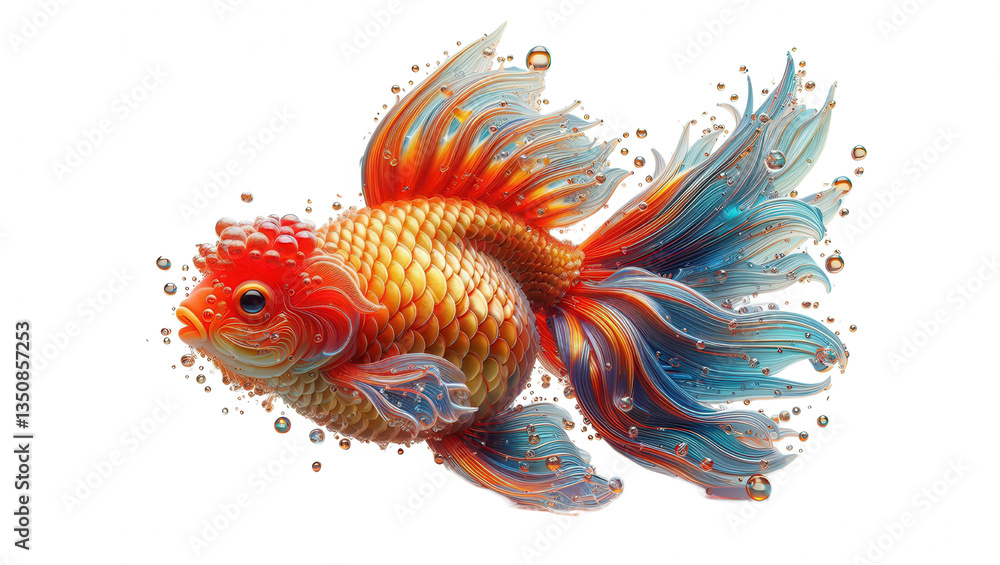 Fototapeta premium Colorful glass goldfish swimming in a crystal clear water aquarium environment