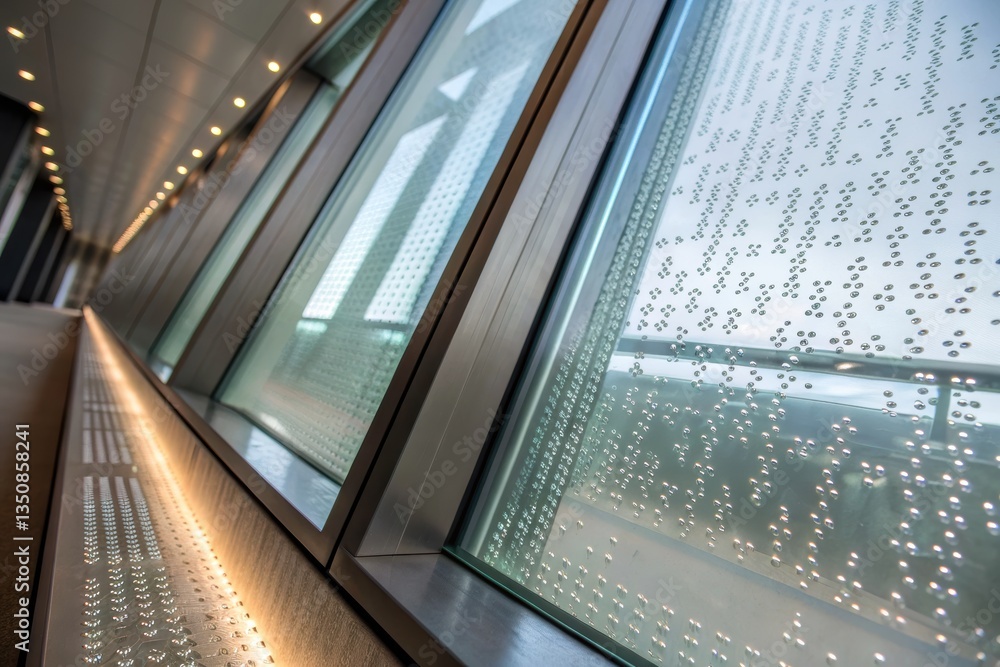 A modern interior featuring large windows with water droplets and ambient lighting, creating a serene atmosphere. A modern interior featuring large windows with water droplets and ambient lighting, creating a serene atmosphere.