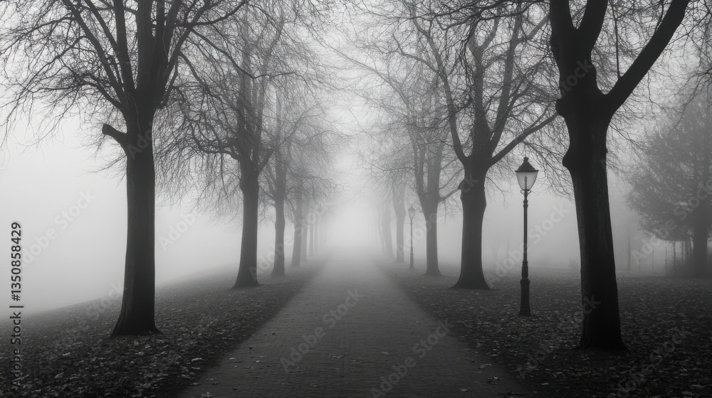 Fototapeta premium Misty path through trees in monochrome.