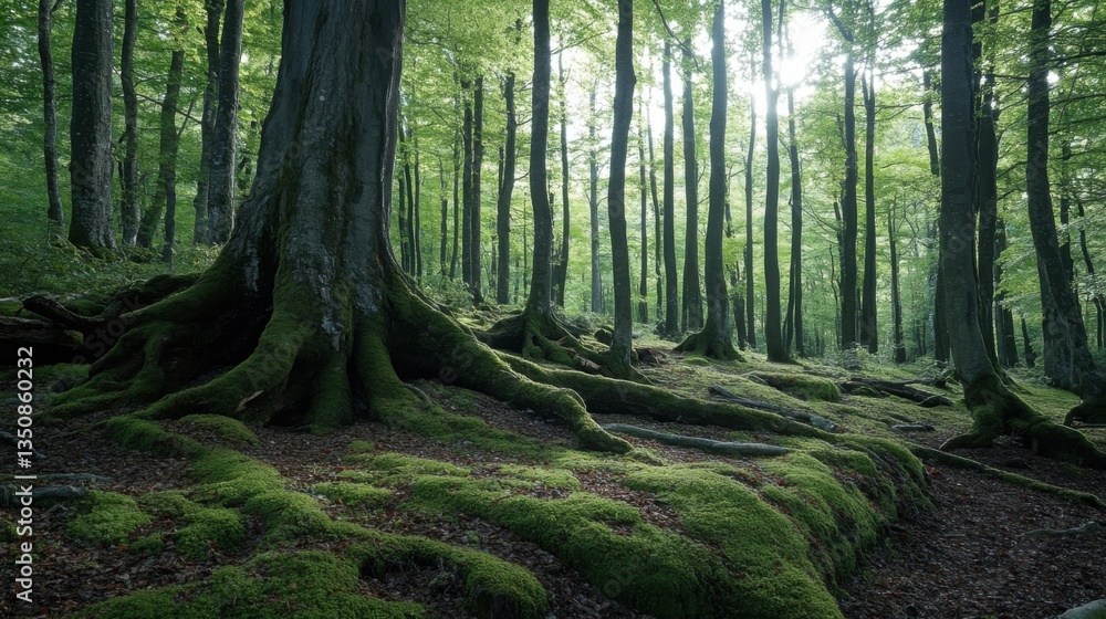 Obraz premium Dense forest landscape with tall trees.