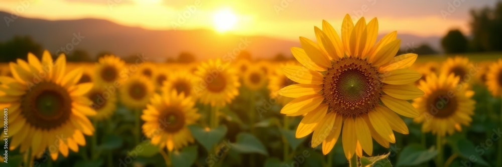 Fototapeta premium Close-up of sunflower field at golden hour in Claremont countryside, landscape, agriculture, sunflowers