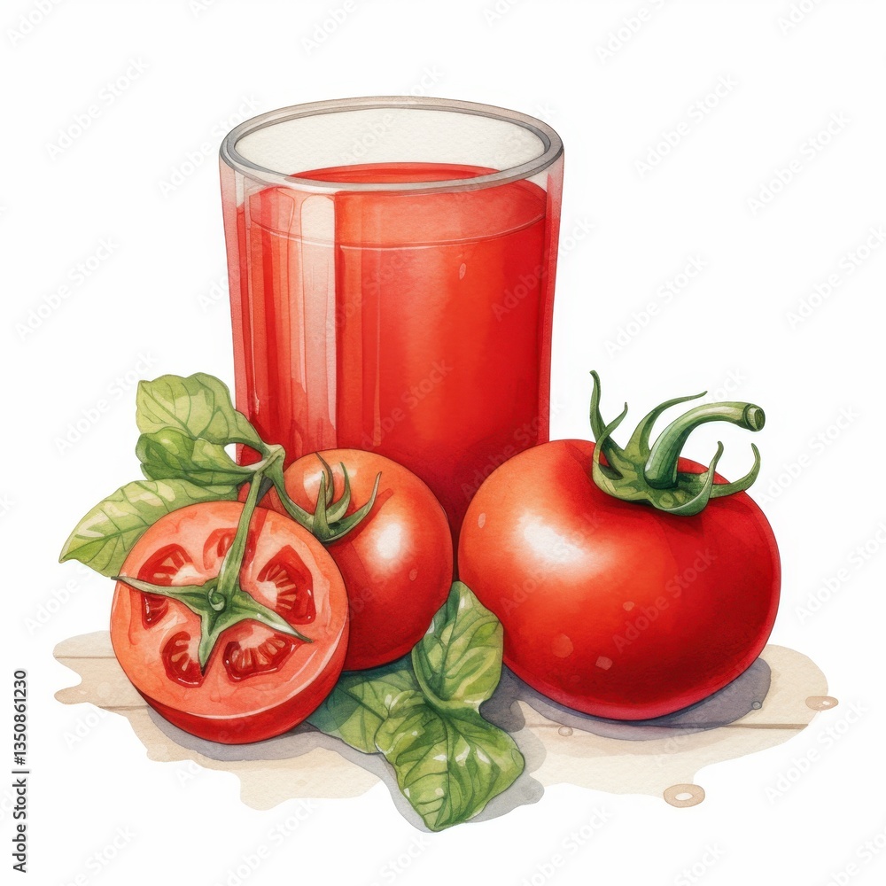 Drink ,Tomato juice cozy hommie white background water color style Drink ,Tomato juice cozy hommie white background water color style