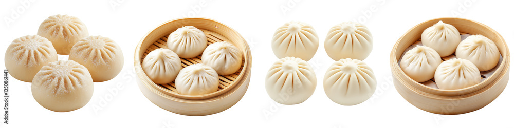 Collection of four steamed Chinese buns with a soft, fluffy texture placed on a white background. Traditional Asian food often filled with meat or sweet paste. Isolated on white or transpar background Collection of four steamed Chinese buns with a soft, fluffy texture placed on a white background. Traditional Asian food often filled with meat or sweet paste. Isolated on white or transpar background