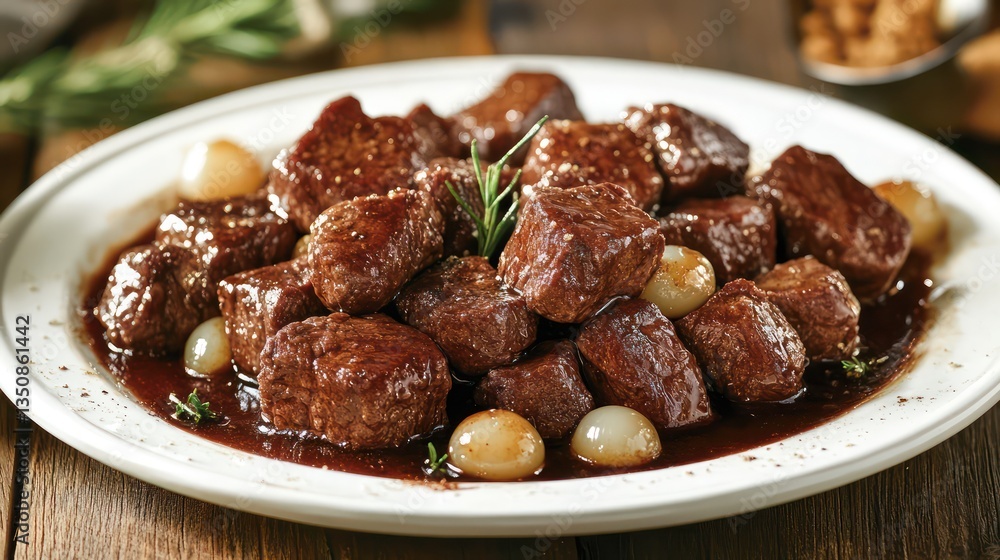 Beef stew with pearl onions, rosemary.  Rustic wooden table background. Food photography