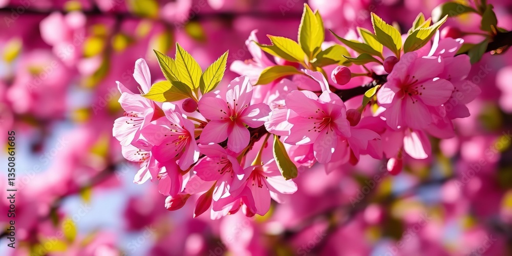 Fototapeta premium Close-up of vibrant pink blossoms on a tree branch, sunlight dappling petals, fragile, fresh