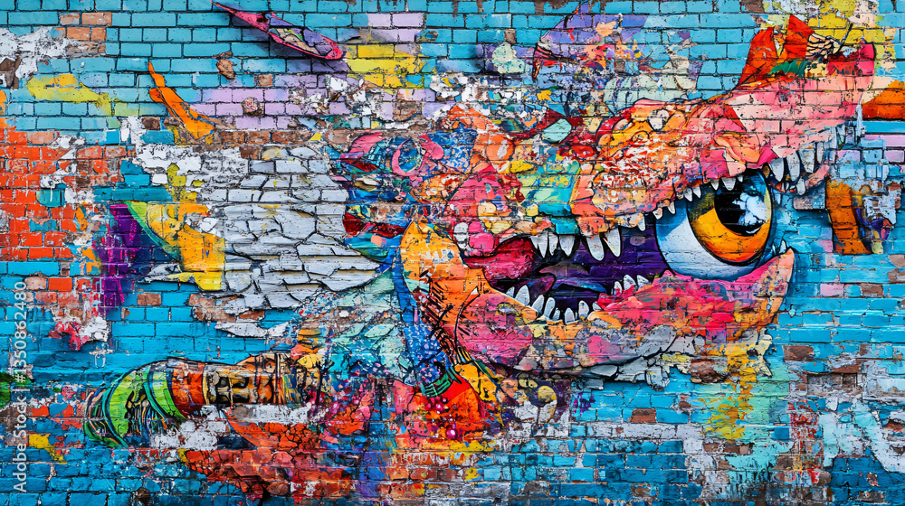 Naklejka premium Colorful graffiti wall covered in boisterous colors and artistic street art elements creating a vibrant urban expression of creativity.