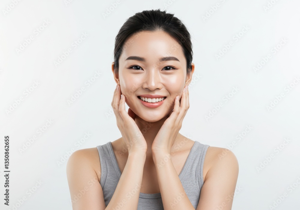 Portrait of a smiling asian woman with hands on her face Portrait of a smiling asian woman with hands on her face