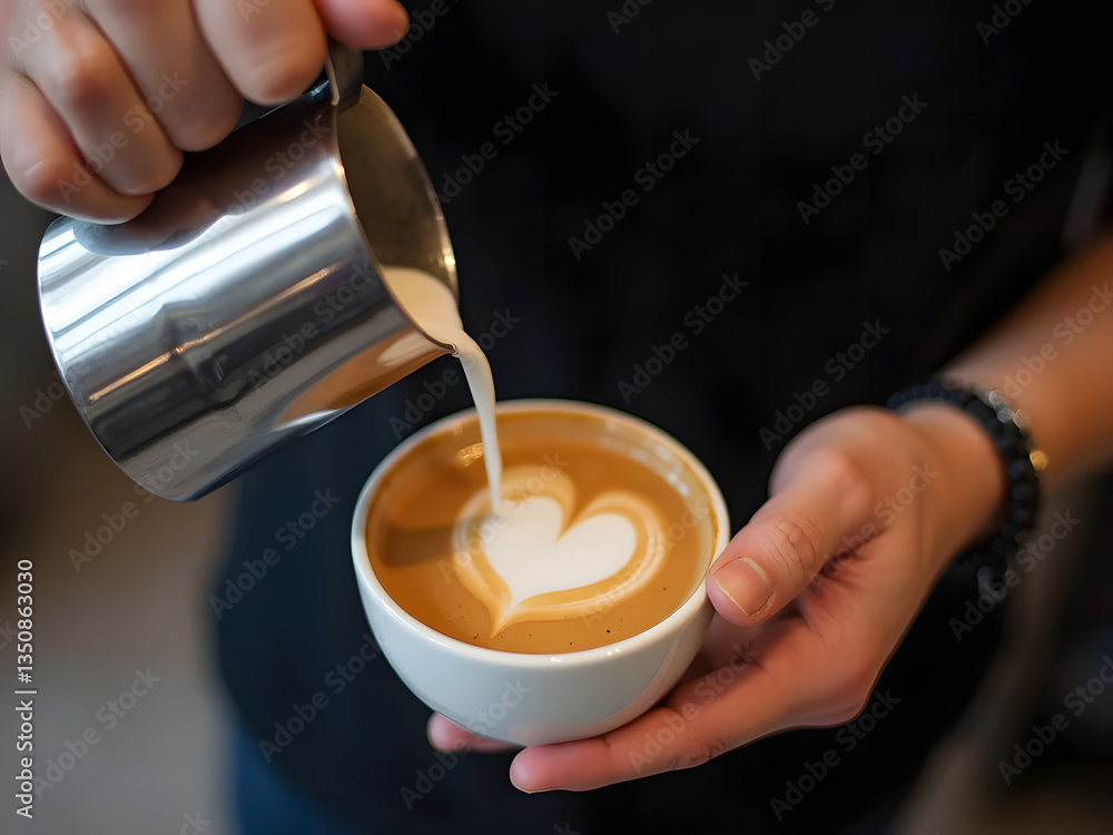 Skilled Barista Crafting Latte Art Heart with Steamed Milk Skilled Barista Crafting Latte Art Heart with Steamed Milk