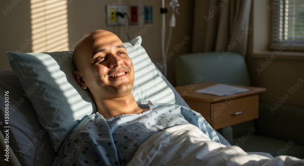 Fototapeta premium Smiling patient relaxing in sunlit hospital room during recovery