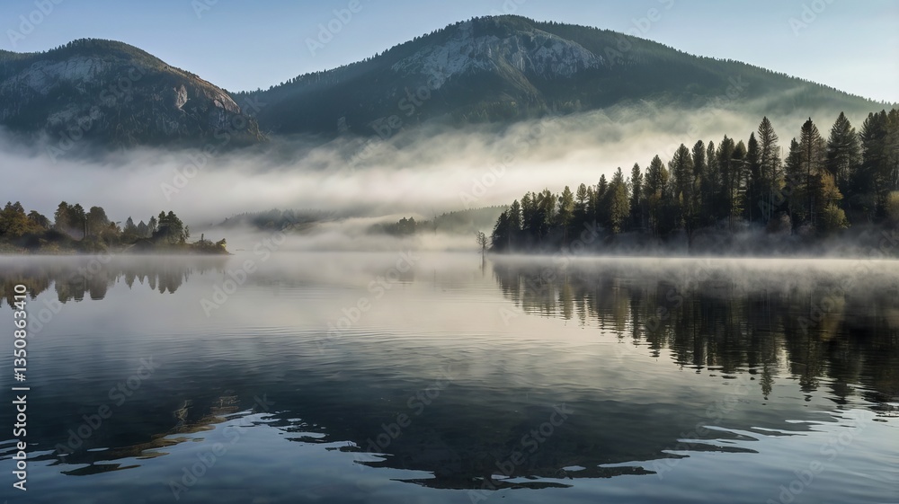 Fototapeta premium Serene landscape featuring a misty lake surrounded by mountains and pine trees, reflecting tranquility in nature.