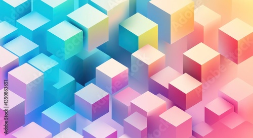 A colorful abstract design featuring cubic shapes in various shades