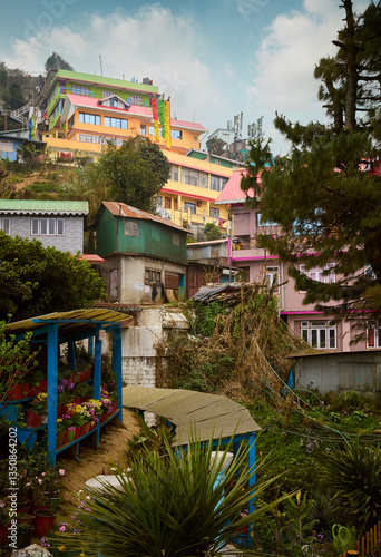 Houses on steep hill in Darjeeling city, India