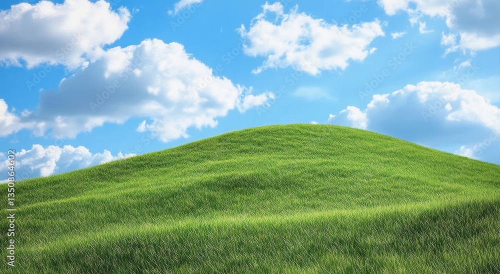 Green grassy hill with fluffy clouds against a blue sky Green grassy hill with fluffy clouds against a blue sky