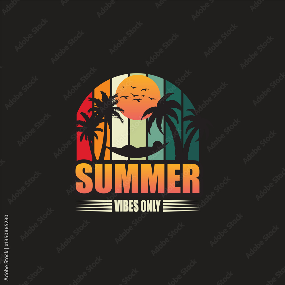 Capture the essence of summer with this retro-style beach sunset illustration featuring palm trees, a lounge chair, a surfboard, and flying birds. Designed with warm sunset hues and vintage typography Capture the essence of summer with this retro-style beach sunset illustration featuring palm trees, a lounge chair, a surfboard, and flying birds. Designed with warm sunset hues and vintage typography