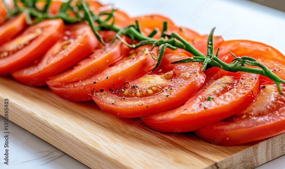 Freshly Sliced Red Tomatoes on Wooden Board with Green Twigs, Perfect for Culinary and Gastronomic Displays, Bright and Healthy Ingredients for Recipes Freshly Sliced Red Tomatoes on Wooden Board with Green Twigs, Perfect for Culinary and Gastronomic Displays, Bright and Healthy Ingredients for Recipes