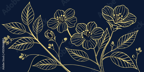 Floral Pattern of Gold Metallic Contour Flowers and Leaves on a Dark Navy Blue Backdrop. Luxurious Art Deco Wallpaper Design for Print, Poster, Cover, Banner, Invitation, Package, Beauty Products.
