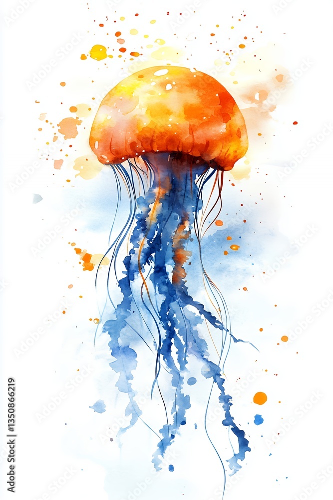 Fototapeta premium Watercolor Jellyfish Painting Orange and Blue Marine Life in White Background